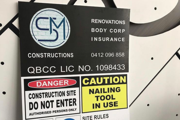 Coreflute safety site sign with builder contact details and caution signage