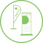 green and white icon image of promotional signage