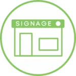 green and white icon image of an external building signage