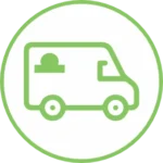 green and white icon image of a van with signage on side
