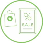 green and white icon image of a retail type signage and stickers