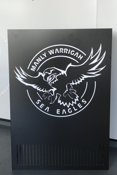 Black air conditioner box cover with Manly Sea Eagle logo cnc cut from face