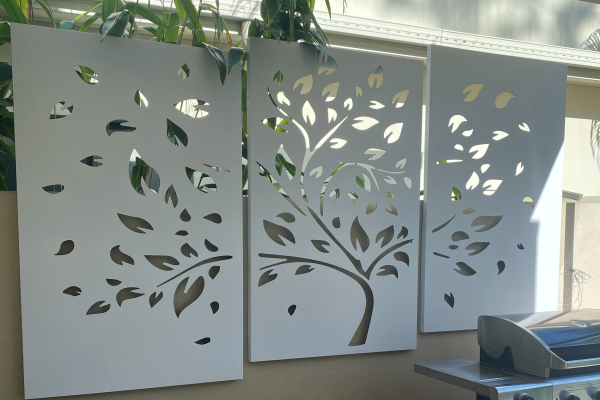 white aluminium composite decorative screen in 3 panels cut to shape of flowering tree