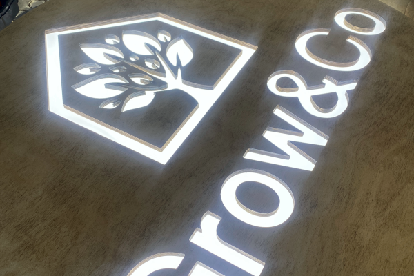 Illuminated reception signage with timber background and lit up acrylic letters and logo